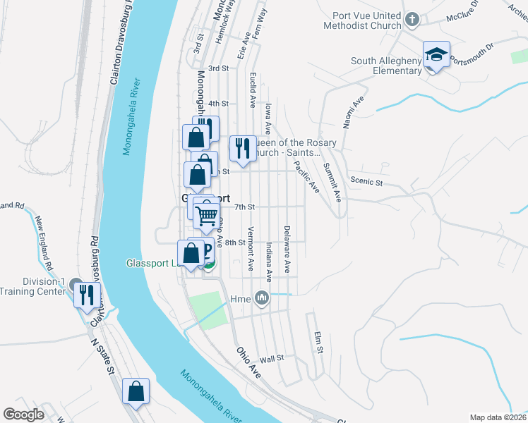 map of restaurants, bars, coffee shops, grocery stores, and more near 642 Indiana Avenue in Glassport