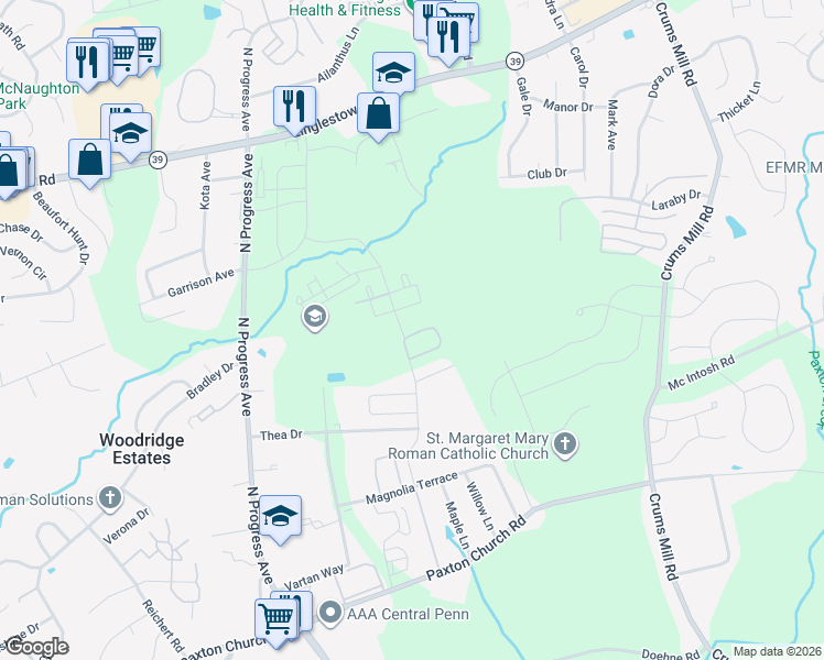 map of restaurants, bars, coffee shops, grocery stores, and more near 2510 Oakwood Lane in Harrisburg