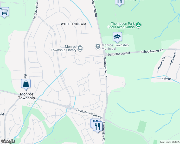 map of restaurants, bars, coffee shops, grocery stores, and more near 38 Rutland Lane in Monroe Township