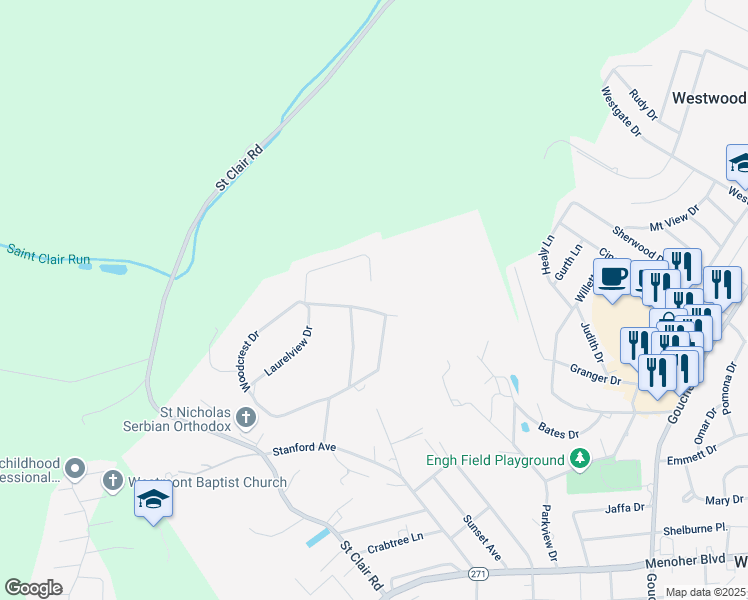 map of restaurants, bars, coffee shops, grocery stores, and more near 1599 Donato Court in Johnstown