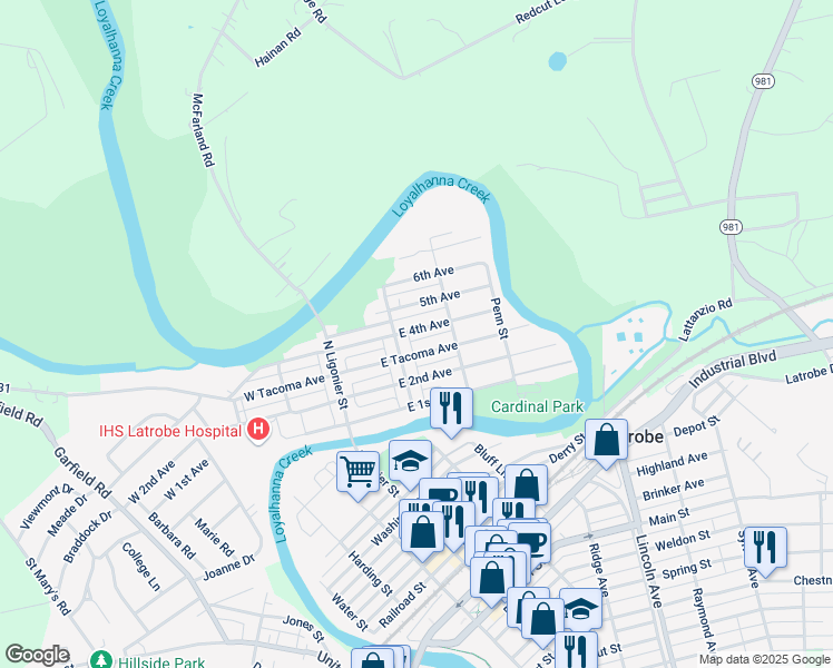 map of restaurants, bars, coffee shops, grocery stores, and more near 126 East 4th Avenue in Latrobe