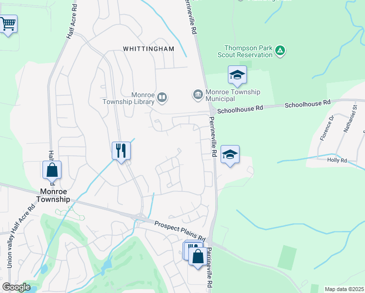 map of restaurants, bars, coffee shops, grocery stores, and more near 38G Rutland Lane in Monroe Township