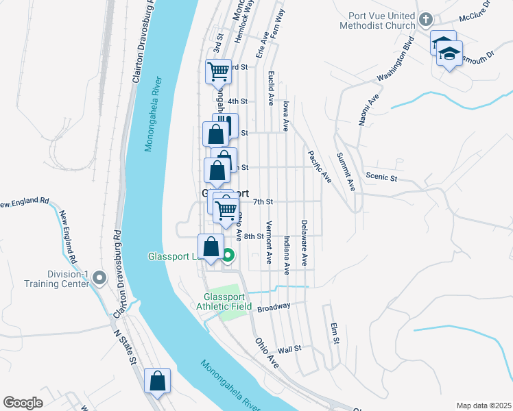 map of restaurants, bars, coffee shops, grocery stores, and more near 640 Vermont Avenue in Glassport