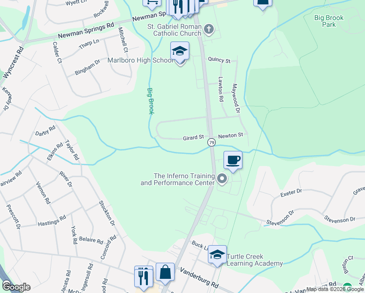 map of restaurants, bars, coffee shops, grocery stores, and more near 13 Girard Street in Marlboro