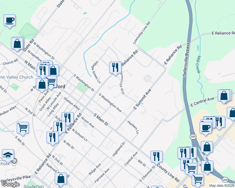 map of restaurants, bars, coffee shops, grocery stores, and more near 211 Washington Place in Telford