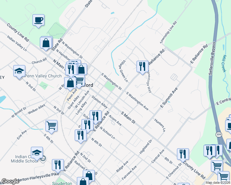 map of restaurants, bars, coffee shops, grocery stores, and more near 50 East Madison Avenue in Telford