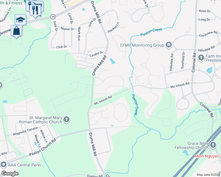 map of restaurants, bars, coffee shops, grocery stores, and more near 3914 Seattle Slew Drive in Harrisburg