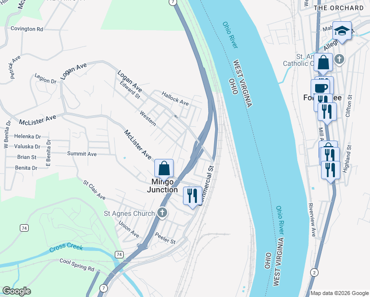 map of restaurants, bars, coffee shops, grocery stores, and more near 110 Western in Mingo Junction