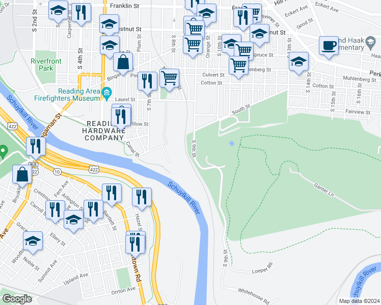 map of restaurants, bars, coffee shops, grocery stores, and more near 816 South 9th Street in Reading