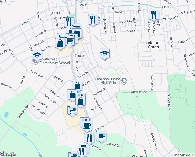 map of restaurants, bars, coffee shops, grocery stores, and more near 1103 Cornwall Road in Lebanon