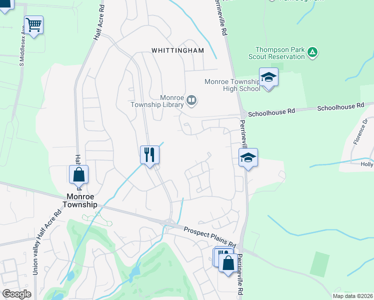 map of restaurants, bars, coffee shops, grocery stores, and more near 92 Winthrop Road in Monroe Township