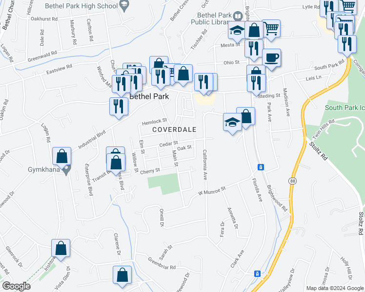 map of restaurants, bars, coffee shops, grocery stores, and more near 2824 Oak Street in Bethel Park