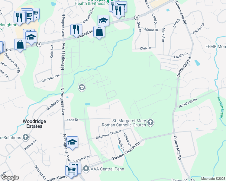 map of restaurants, bars, coffee shops, grocery stores, and more near 2500 Oakwood Lane in Harrisburg