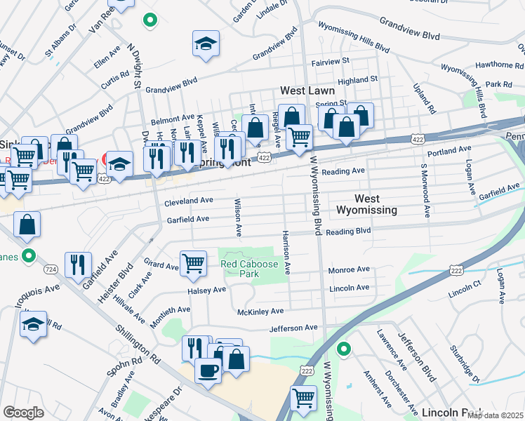 map of restaurants, bars, coffee shops, grocery stores, and more near 2429 Garfield Avenue in West Lawn