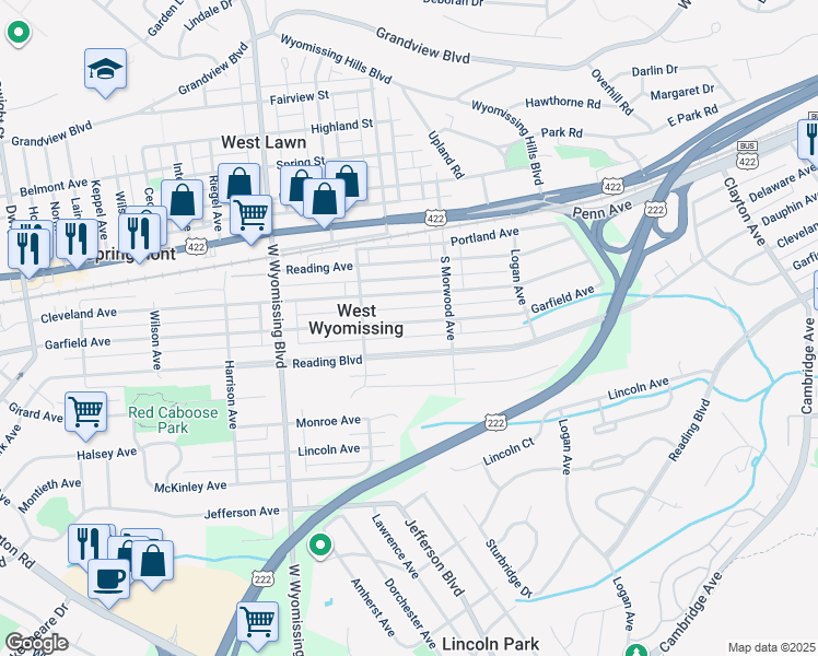 map of restaurants, bars, coffee shops, grocery stores, and more near 2146 Garfield Avenue in West Lawn