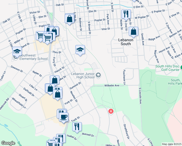 map of restaurants, bars, coffee shops, grocery stores, and more near 801 Rex Avenue in Lebanon