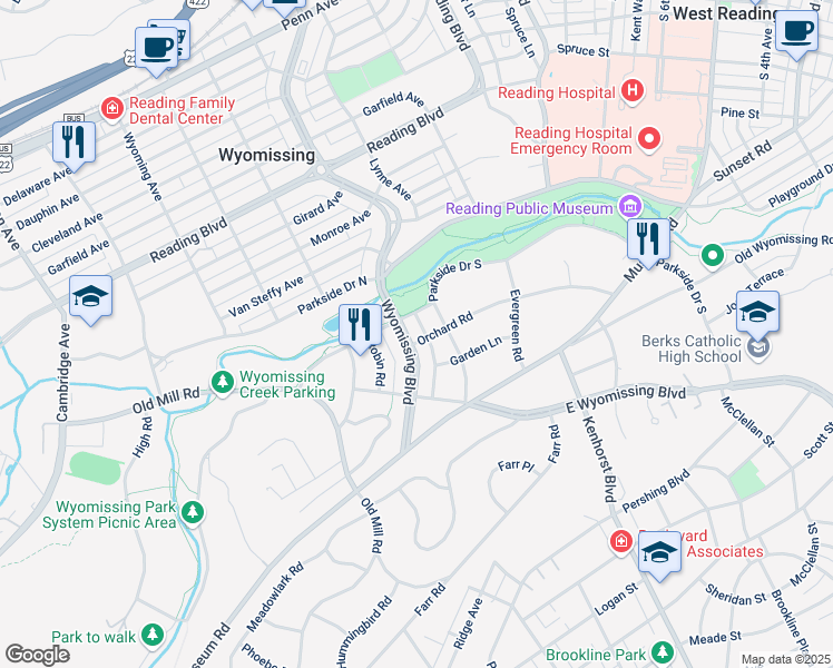 map of restaurants, bars, coffee shops, grocery stores, and more near 1019 Wyomissing Boulevard in Wyomissing