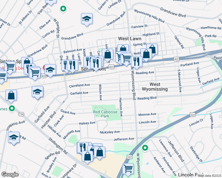 map of restaurants, bars, coffee shops, grocery stores, and more near 2429 Garfield Avenue in West Lawn