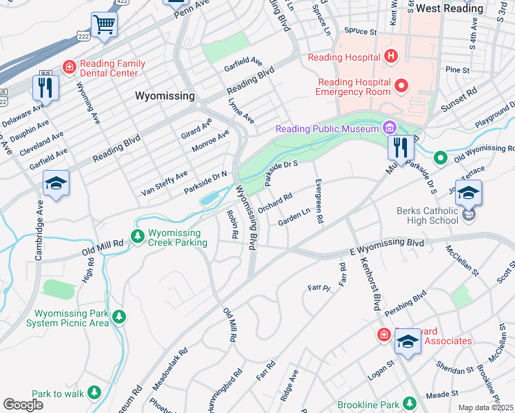 map of restaurants, bars, coffee shops, grocery stores, and more near 1019 Wyomissing Boulevard in Wyomissing