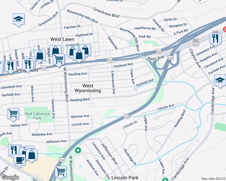 map of restaurants, bars, coffee shops, grocery stores, and more near 2100 Garfield Avenue in West Lawn