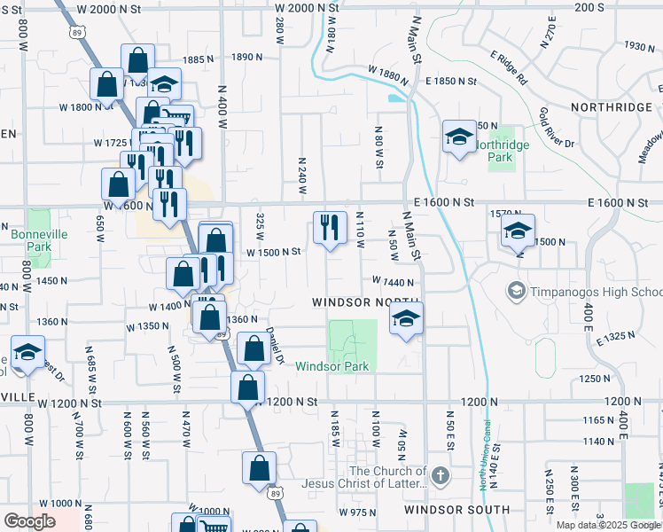 map of restaurants, bars, coffee shops, grocery stores, and more near 1482 North 200 West Street in Orem