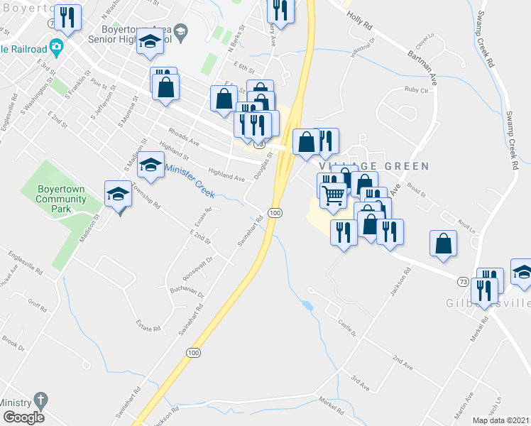 map of restaurants, bars, coffee shops, grocery stores, and more near 90 Swinehart Rd in Boyertown