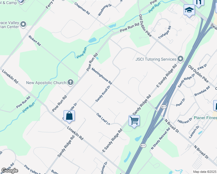 map of restaurants, bars, coffee shops, grocery stores, and more near 313 Sandy Knoll Drive in Doylestown