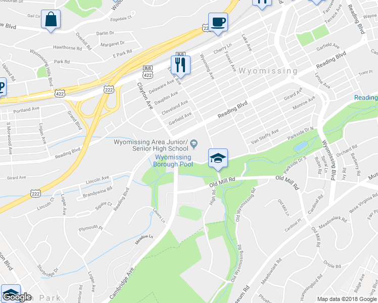 map of restaurants, bars, coffee shops, grocery stores, and more near 630 Evans Avenue in Wyomissing