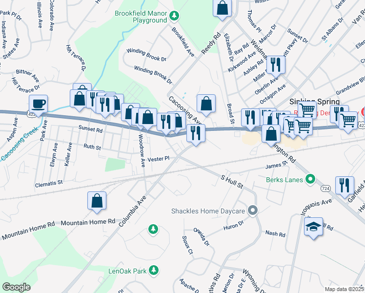 map of restaurants, bars, coffee shops, grocery stores, and more near 575 Columbia Avenue in Sinking Spring