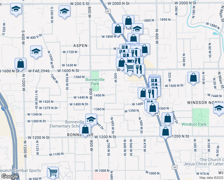 map of restaurants, bars, coffee shops, grocery stores, and more near 685 West 1500 North Street in Orem