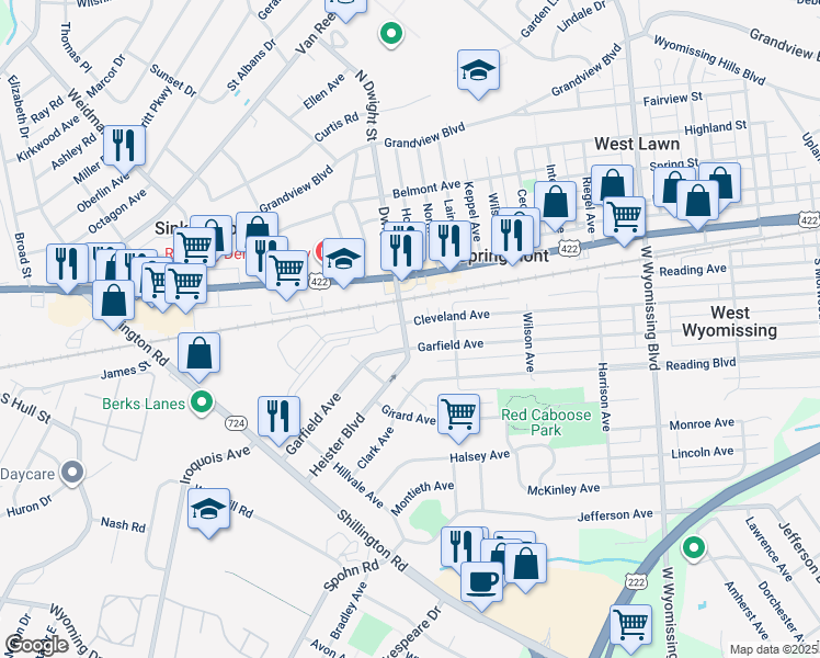 map of restaurants, bars, coffee shops, grocery stores, and more near 2656 Cleveland Avenue in West Lawn