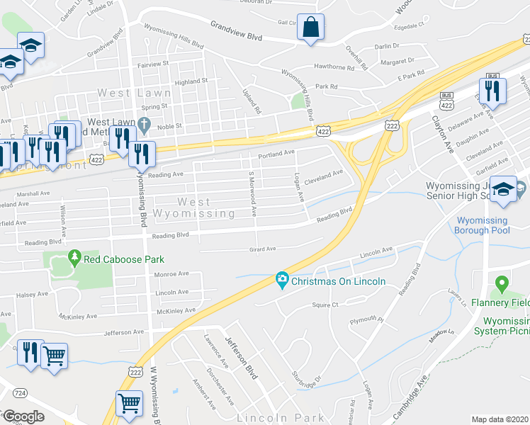 map of restaurants, bars, coffee shops, grocery stores, and more near 2080 Garfield Ave in West Lawn