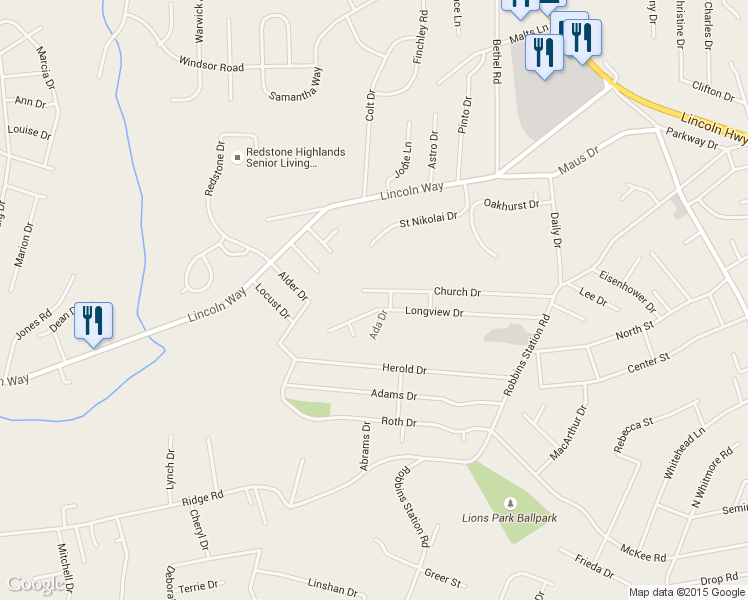 map of restaurants, bars, coffee shops, grocery stores, and more near 12420 Church Drive in Irwin