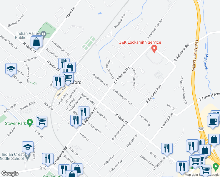 map of restaurants, bars, coffee shops, grocery stores, and more near 93 East Reliance Road in Telford