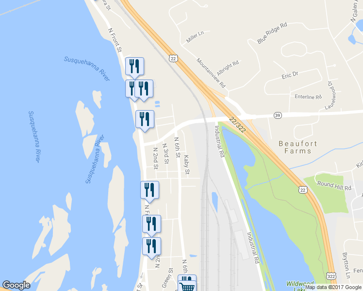 map of restaurants, bars, coffee shops, grocery stores, and more near 4386 North 6th Street in Harrisburg