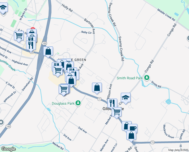 map of restaurants, bars, coffee shops, grocery stores, and more near 1168 Broad Street in Gilbertsville