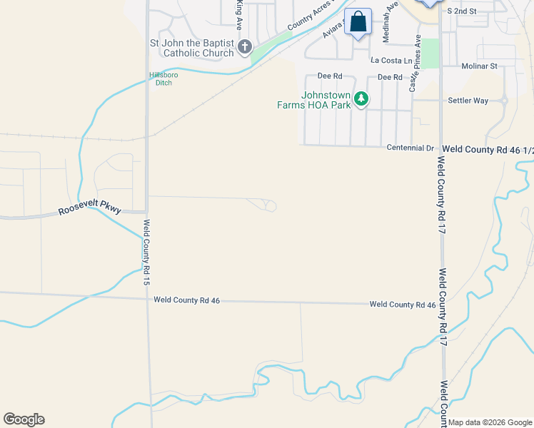 map of restaurants, bars, coffee shops, grocery stores, and more near 22250 County Road 15 in Johnstown