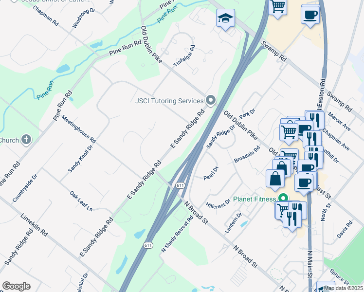 map of restaurants, bars, coffee shops, grocery stores, and more near 1091 East Sandy Ridge Road in Doylestown