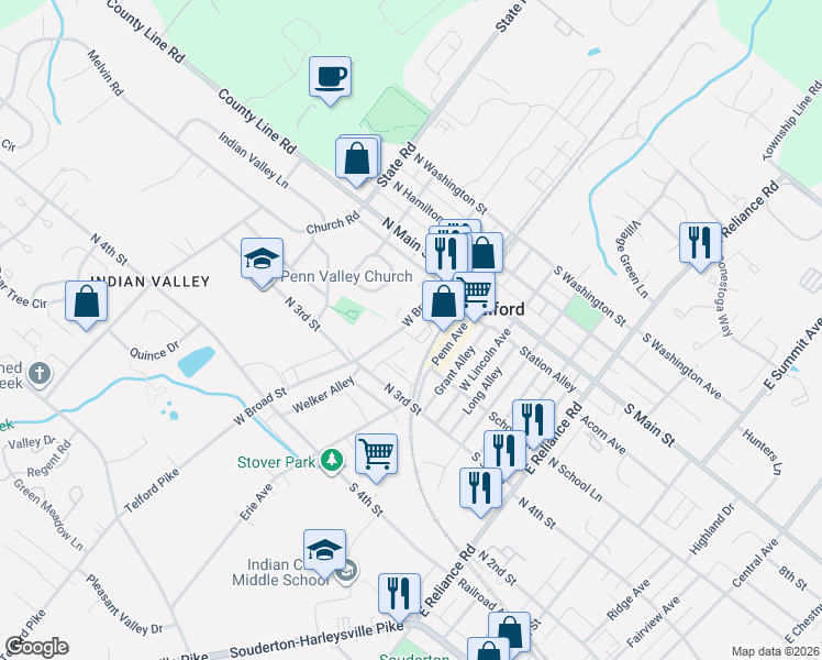 map of restaurants, bars, coffee shops, grocery stores, and more near 129 North Station Street in Telford