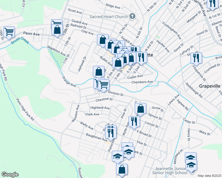 map of restaurants, bars, coffee shops, grocery stores, and more near 500 South 4th Street in Jeannette