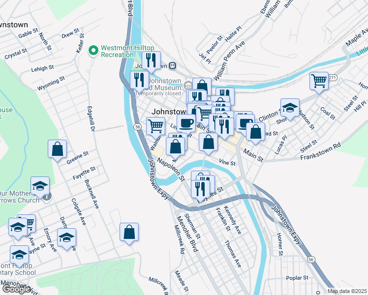 map of restaurants, bars, coffee shops, grocery stores, and more near 301 Market Street in Johnstown