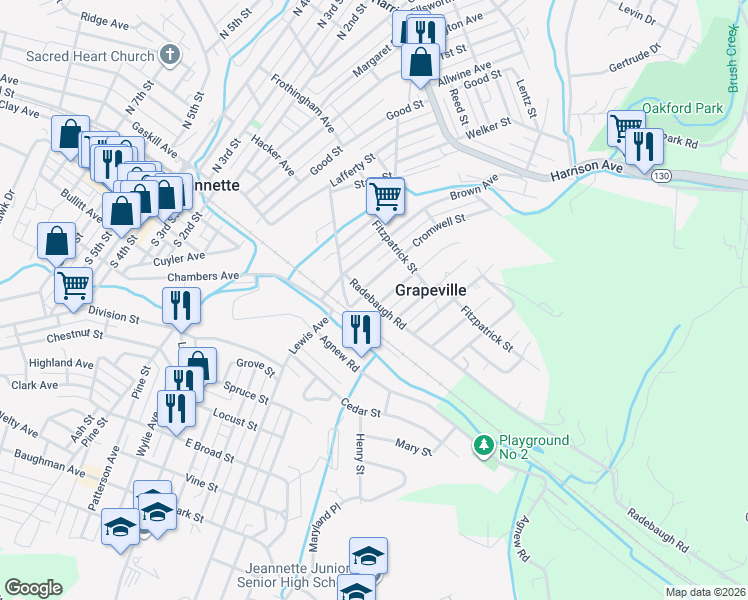 map of restaurants, bars, coffee shops, grocery stores, and more near 2525 Radebaugh Road in Westmoreland County