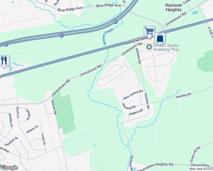 map of restaurants, bars, coffee shops, grocery stores, and more near 24 Meadow Run Place in Harrisburg