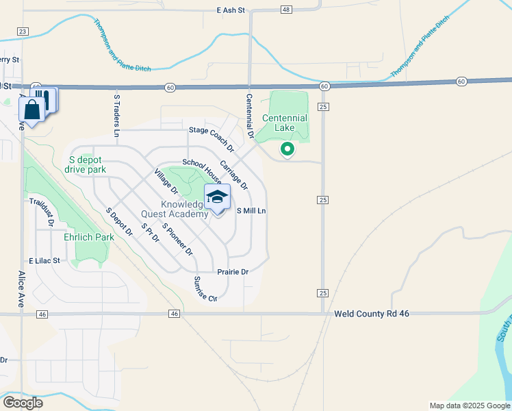 map of restaurants, bars, coffee shops, grocery stores, and more near 661 Stage Coach Drive in Milliken
