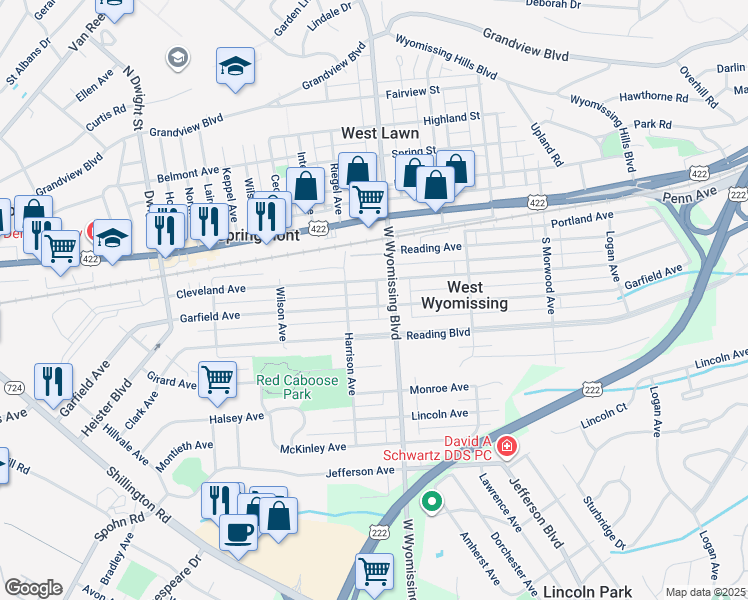 map of restaurants, bars, coffee shops, grocery stores, and more near 2307 Garfield Avenue in West Lawn