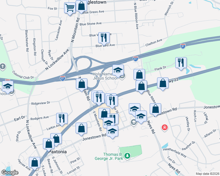 map of restaurants, bars, coffee shops, grocery stores, and more near 6106 Seibert Street in Harrisburg