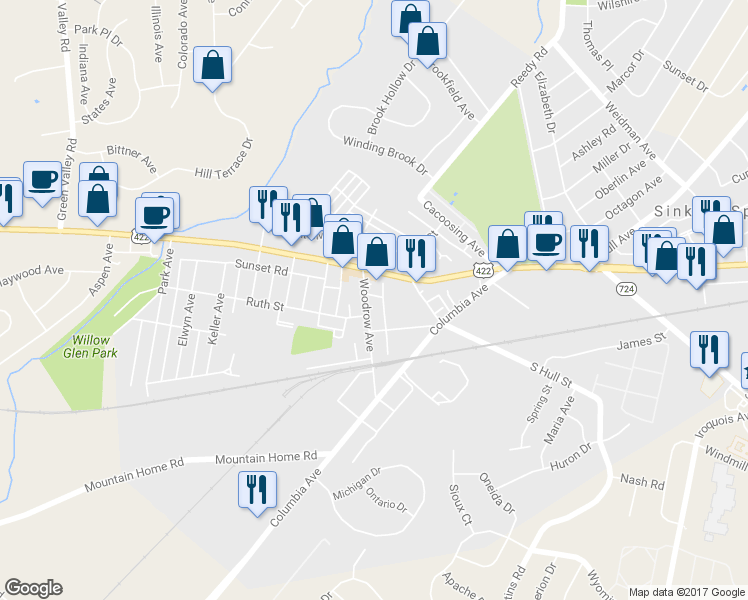 map of restaurants, bars, coffee shops, grocery stores, and more near 35 Woodrow Avenue in Sinking Spring