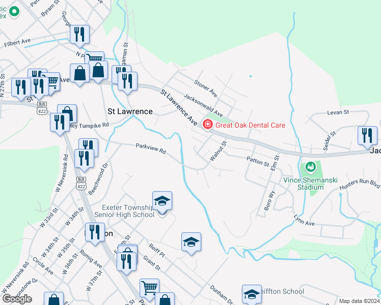 map of restaurants, bars, coffee shops, grocery stores, and more near 104 Brumbach Street in Reading