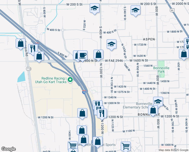 map of restaurants, bars, coffee shops, grocery stores, and more near 1260 West 1480 North Street in Orem
