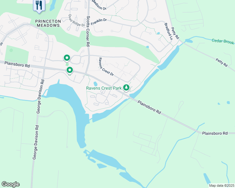 map of restaurants, bars, coffee shops, grocery stores, and more near 208 Aspen Drive in Princeton Meadows